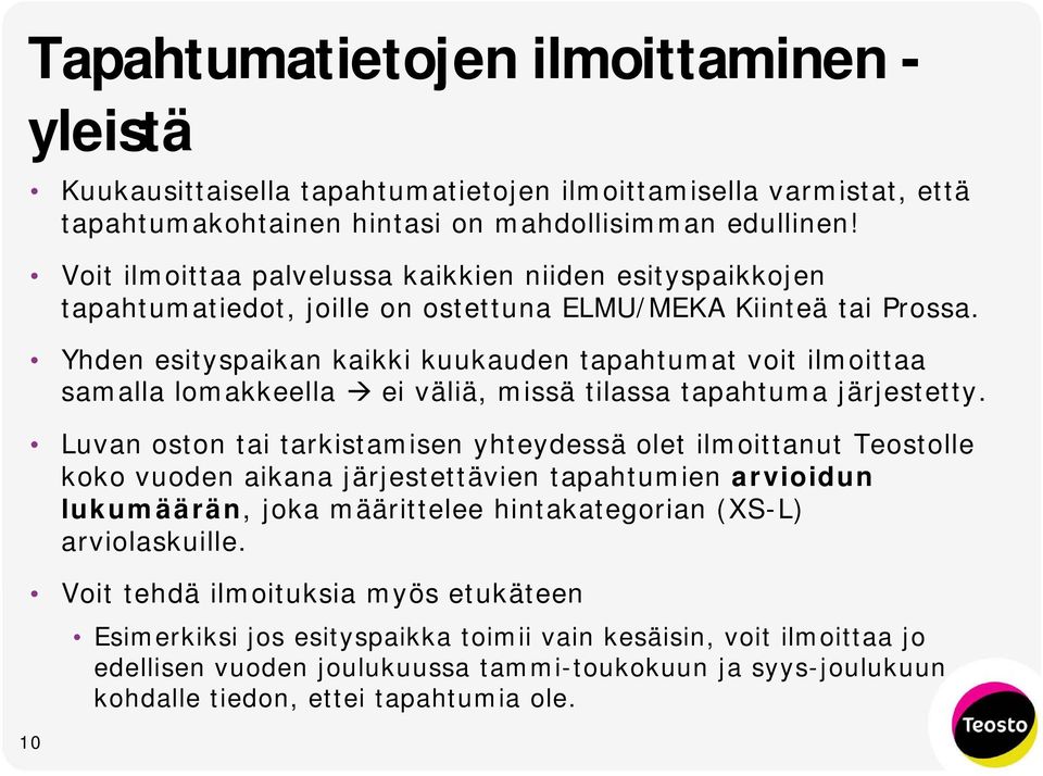 Yhden esityspaikan kaikki kuukauden tapahtumat voit ilmoittaa samalla lomakkeella ei väliä, missä tilassa tapahtuma järjestetty.