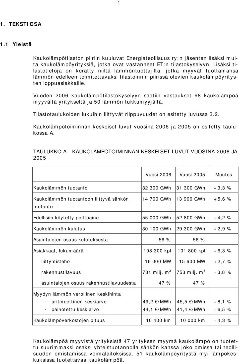 Vuoden 2006 kaukolämpötilastokyselyyn saatiin vastaukset 98 kaukolämpöä myyvältä yritykseltä ja 50 lämmön tukkumyyjältä. Tilastotaulukoiden lukuihin liittyvät riippuvuudet on esitetty luvussa 3.2. Kaukolämpötoiminnan keskeiset luvut vuosina 2006 ja 2005 on esitetty taulukossa A.