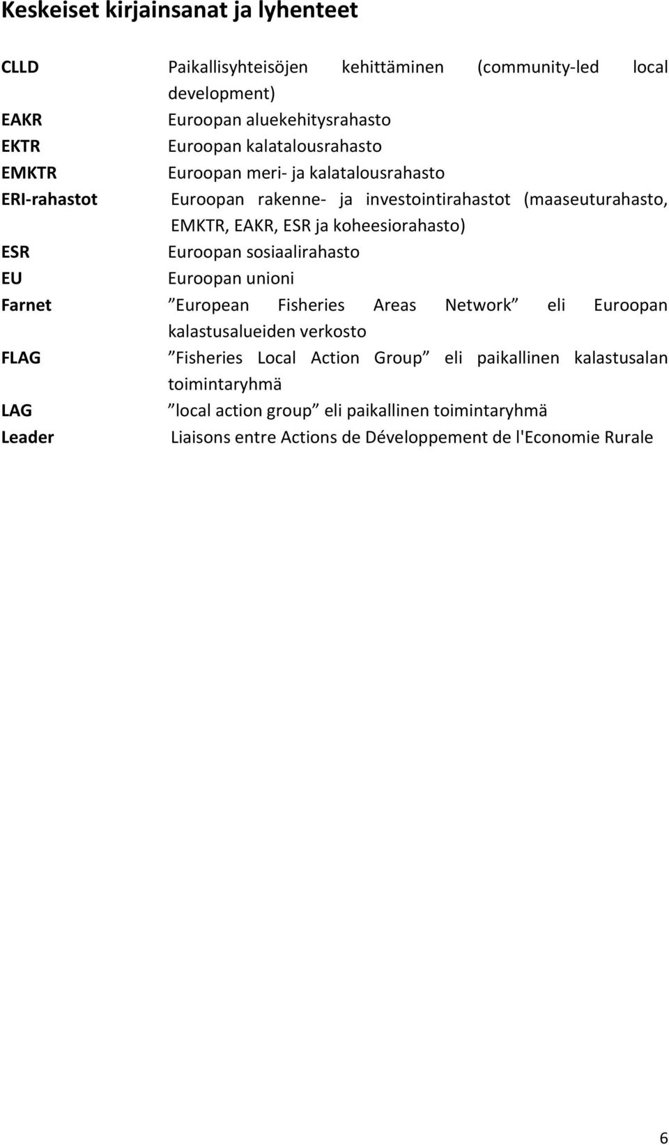 koheesiorahasto) ESR Euroopan sosiaalirahasto EU Euroopan unioni Farnet European Fisheries Areas Network eli Euroopan kalastusalueiden verkosto FLAG Fisheries