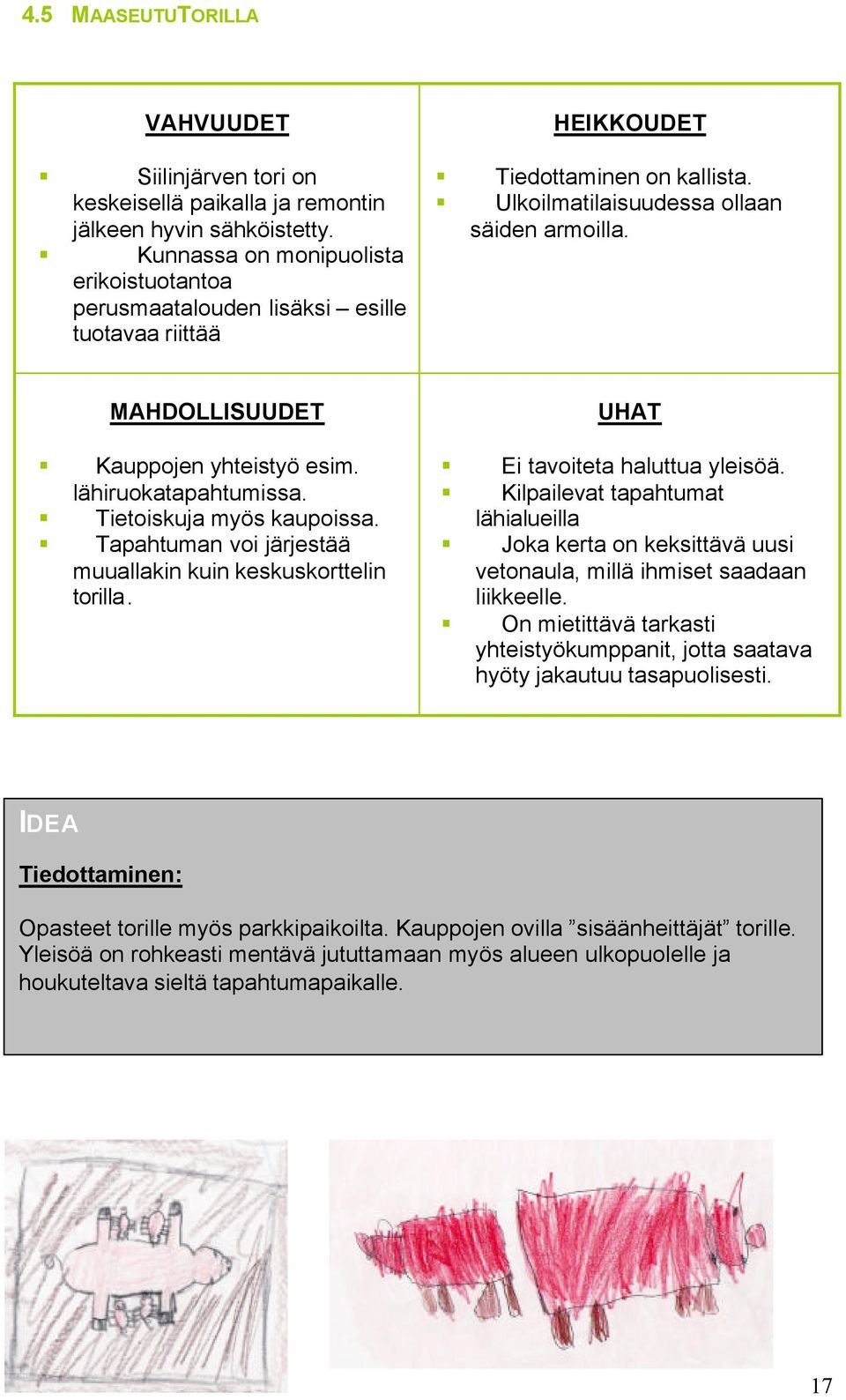 MAHDOLLISUUDET Kauppojen yhteistyö esim. lähiruokatapahtumissa. Tietoiskuja myös kaupoissa. Tapahtuman voi järjestää muuallakin kuin keskuskorttelin torilla. UHAT Ei tavoiteta haluttua yleisöä.