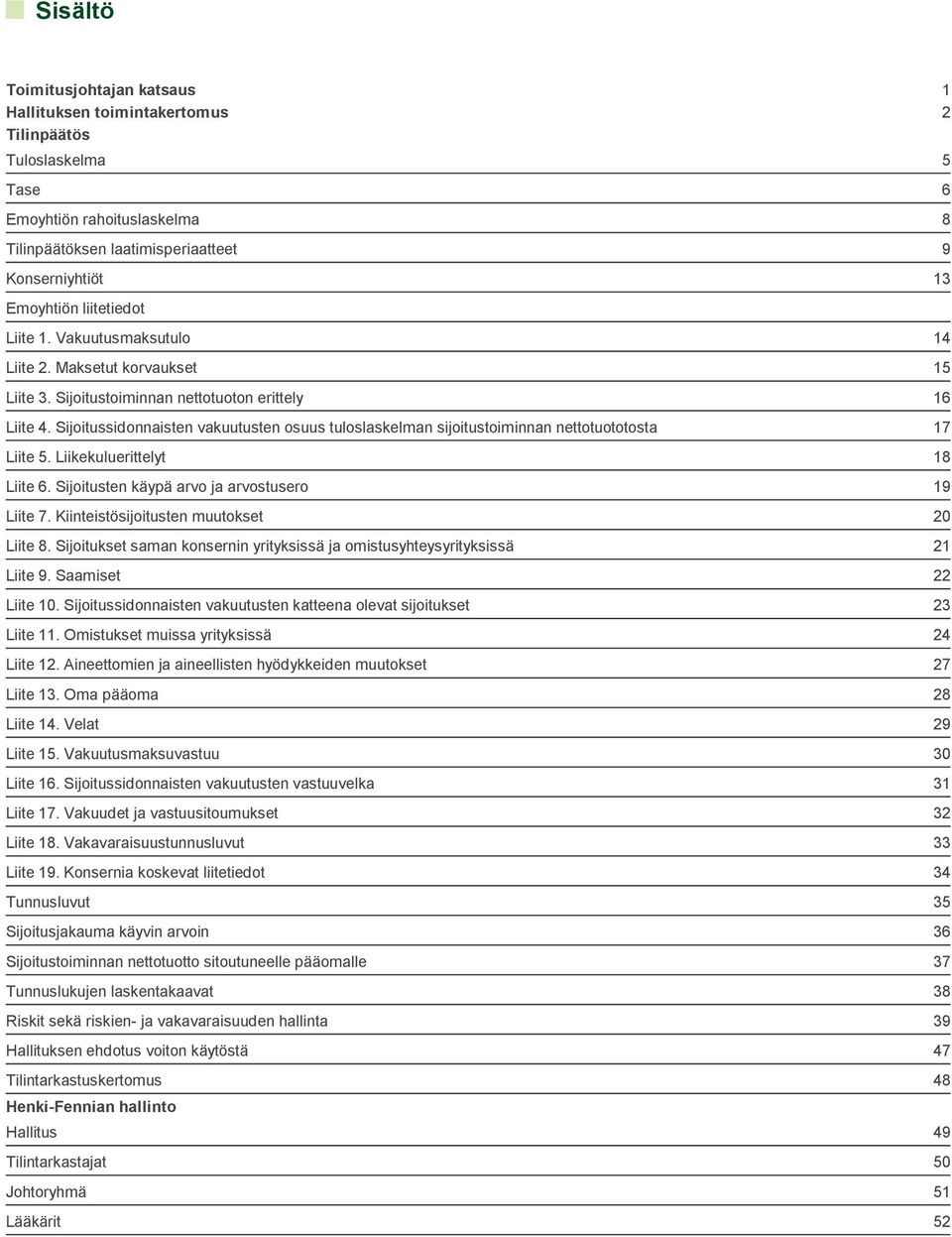 Liikekuluerittelyt Liite 6. Sijoitusten käypä arvo ja arvostusero Liite 7. Kiinteistösijoitusten muutokset Liite 8. Sijoitukset saman konsernin yrityksissä ja omistusyhteysyrityksissä Liite 9.