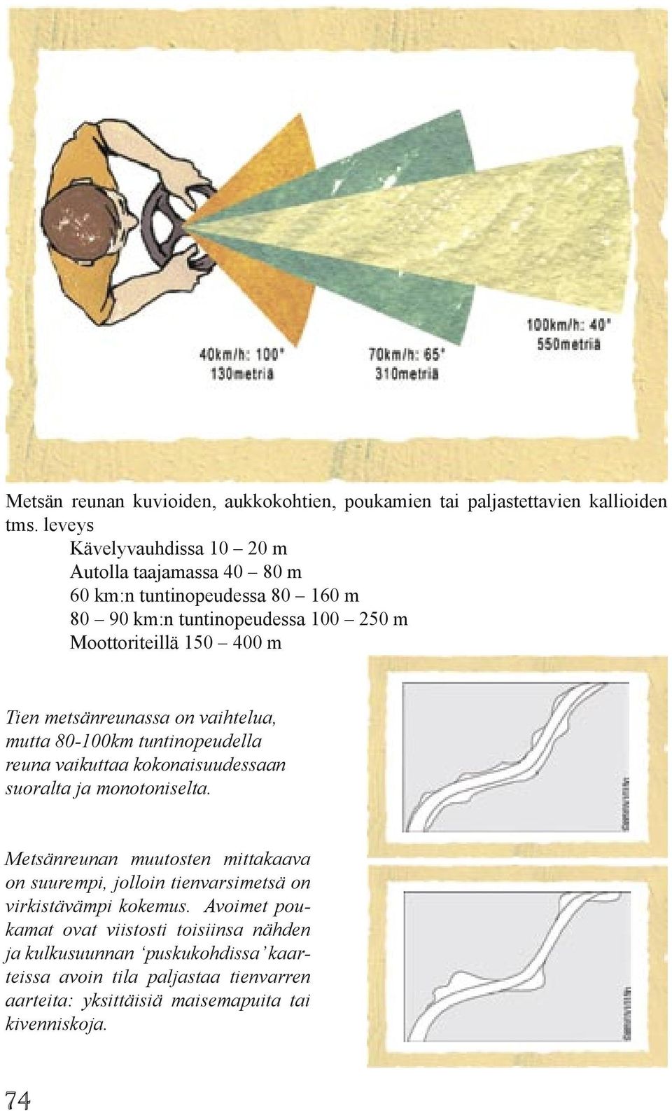 metsänreunassa on vaihtelua, mutta 80-100km tuntinopeudella reuna vaikuttaa kokonaisuudessaan suoralta ja monotoniselta.