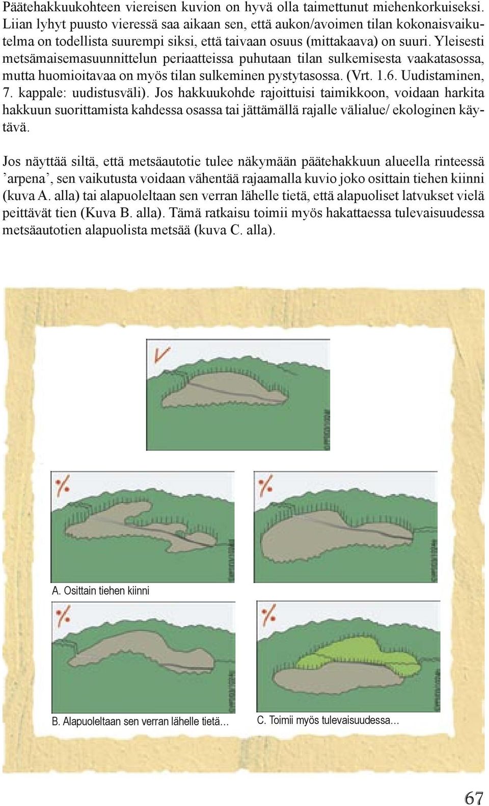 Yleisesti metsämaisemasuunnittelun periaatteissa puhutaan tilan sulkemisesta vaakatasossa, mutta huomioitavaa on myös tilan sulkeminen pystytasossa. (Vrt. 1.6. Uudistaminen, 7. kappale: uudistusväli).