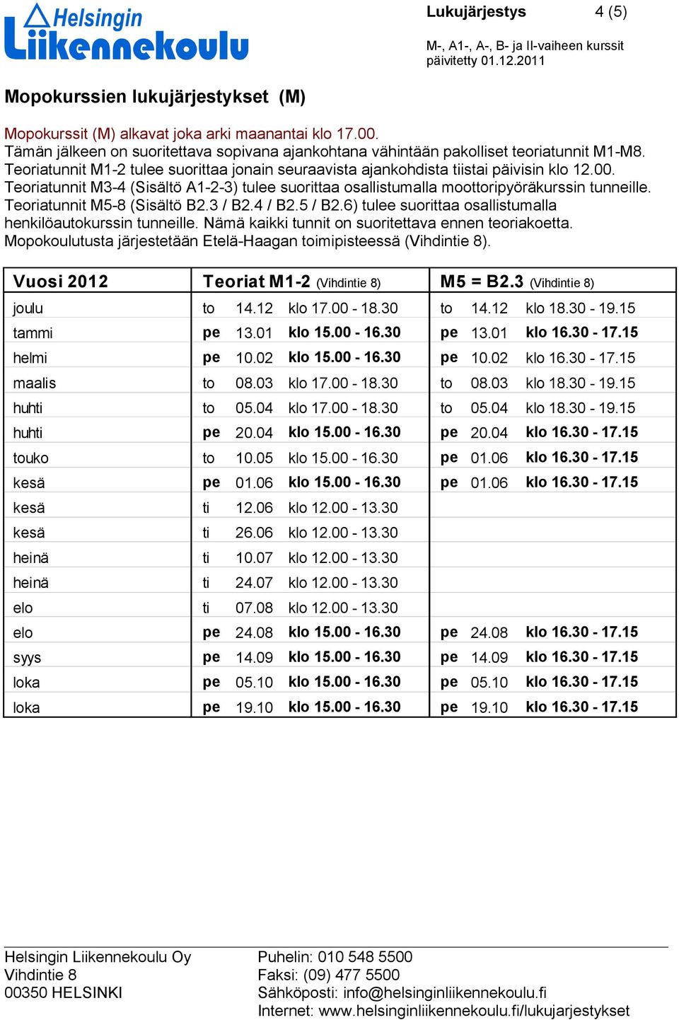 Teoriatunnit M5-8 (Sisältö B2.3 / B2.4 / B2.5 / B2.6) tulee suorittaa osallistumalla henkilöautokurssin tunneille. Nämä kaikki tunnit on suoritettava ennen teoriakoetta.
