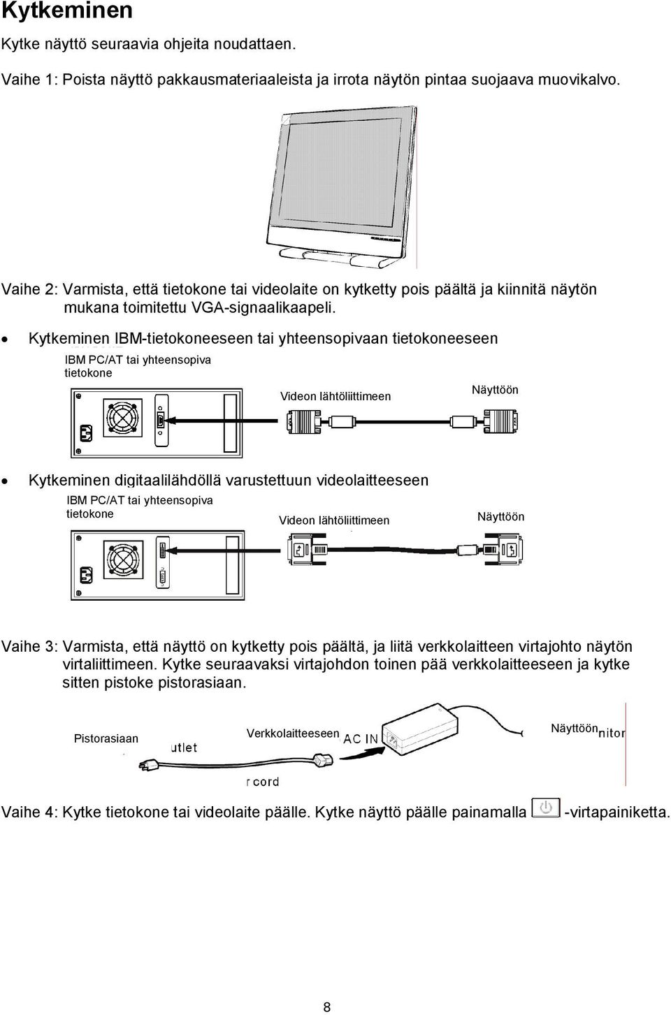 Kytkeminen IBM-tietokoneeseen tai yhteensopivaan tietokoneeseen IBM PC/AT tai yhteensopiva tietokone Videon lähtöliittimeen Näyttöön Kytkeminen digitaalilähdöllä varustettuun videolaitteeseen IBM