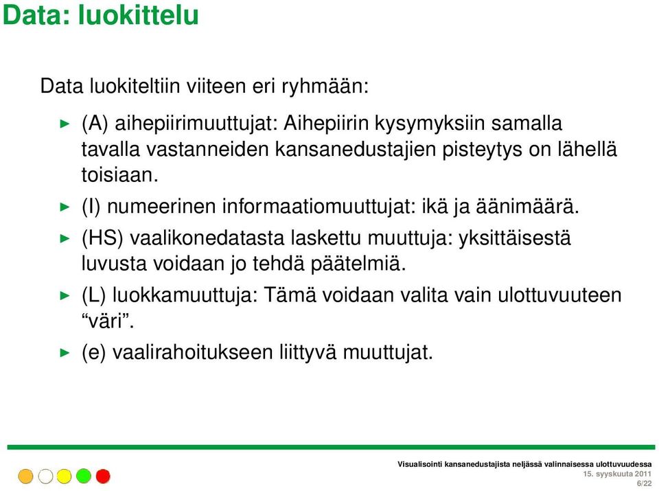 (I) numeerinen informaatiomuuttujat: ikä ja äänimäärä.