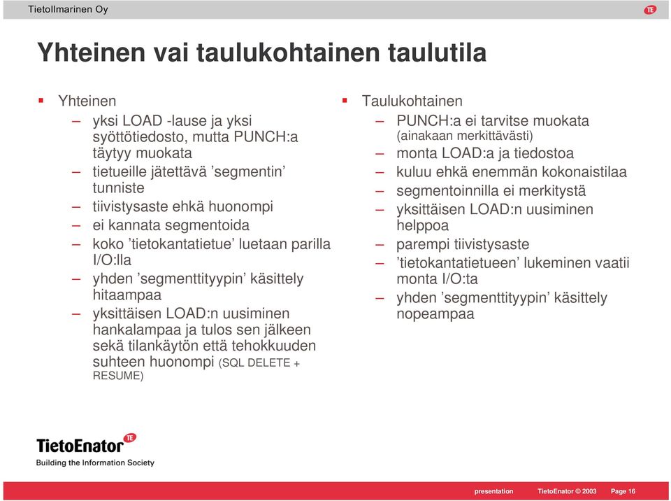 tehokkuuden suhteen huonompi (SQL DELETE + RESUME) Taulukohtainen PUNCH:a ei tarvitse muokata (ainakaan merkittävästi) monta LOAD:a ja tiedostoa kuluu ehkä enemmän kokonaistilaa segmentoinnilla