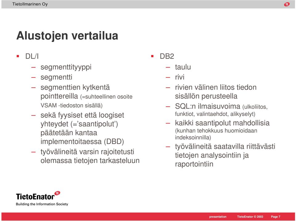 rivi rivien välinen liitos tiedon sisällön perusteella SQL:n ilmaisuvoima (ulkoliitos, funktiot, valintaehdot, alikyselyt) kaikki saantipolut mahdollisia