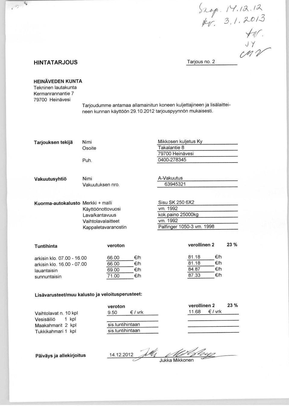 paino 25000kg Vaihtolavalaitteet vm. 1992 Kappaletavaranostin Palfinger 1050-3 vm. 1998 Tuntihinta veroton verollinen 2 23 % arkisin klo. 07.00-16.00 66.00 81.