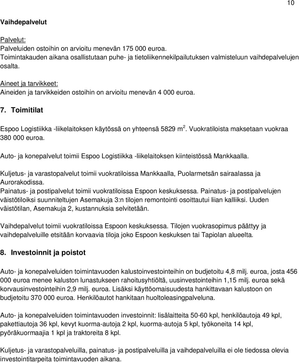 Vuokratiloista maksetaan vuokraa 380 000 euroa. Auto- ja konepalvelut toimii Espoo Logistiikka -liikelaitoksen kiinteistössä Mankkaalla.