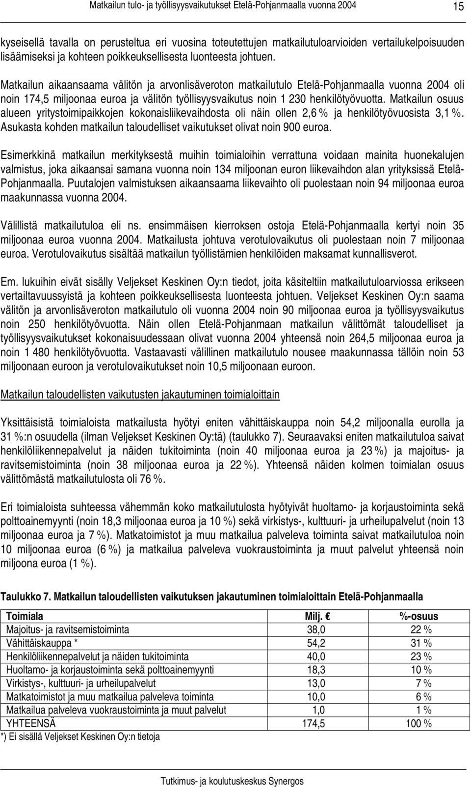 Matkailun osuus alueen yritystoimipaikkojen kokonaisliikevaihdosta oli näin ollen 2,6 % ja henkilötyövuosista 3,1 %. Asukasta kohden matkailun taloudelliset vaikutukset olivat noin 900 euroa.