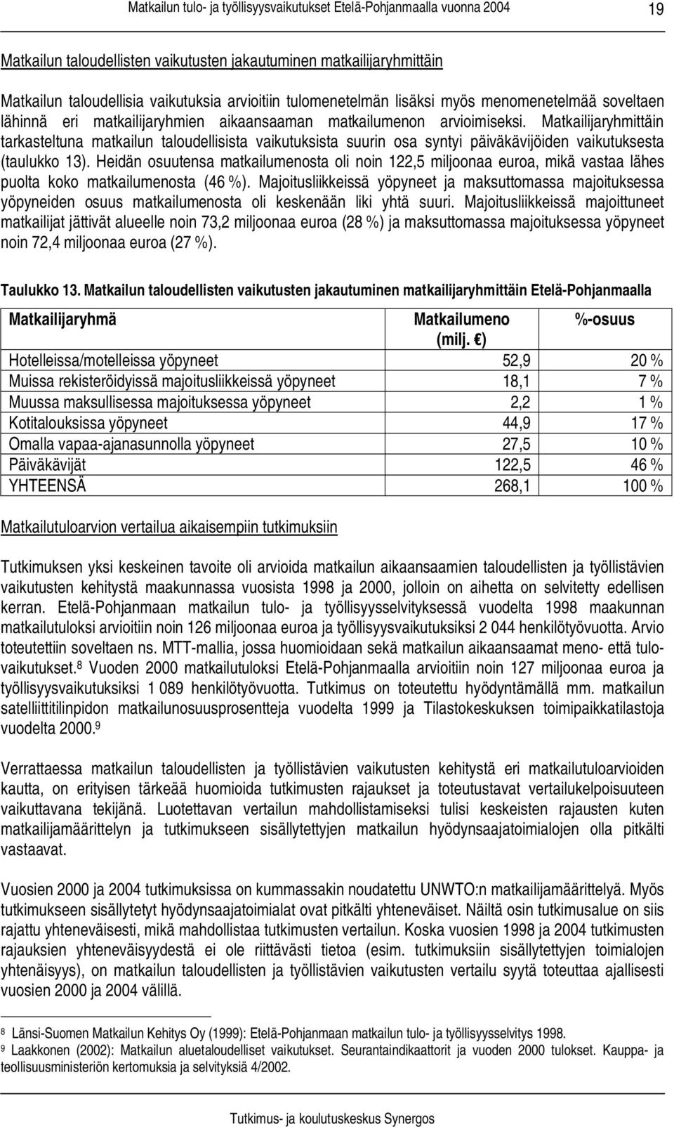 Heidän osuutensa matkailumenosta oli noin 122,5 miljoonaa euroa, mikä vastaa lähes puolta koko matkailumenosta (46 %).
