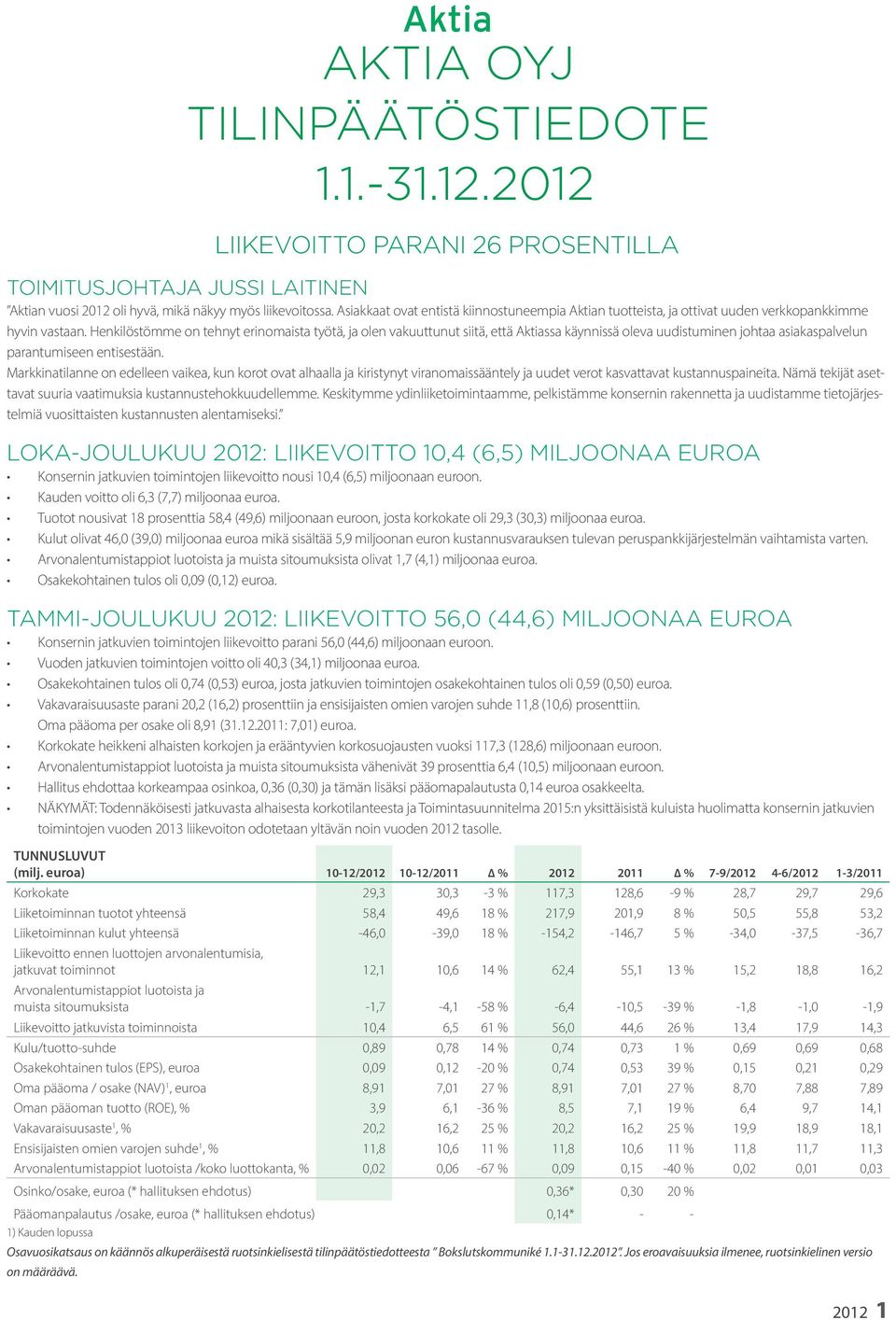 Henkilöstömme on tehnyt erinomaista työtä, ja olen vakuuttunut siitä, että Aktiassa käynnissä oleva uudistuminen johtaa asiakaspalvelun parantumiseen entisestään.