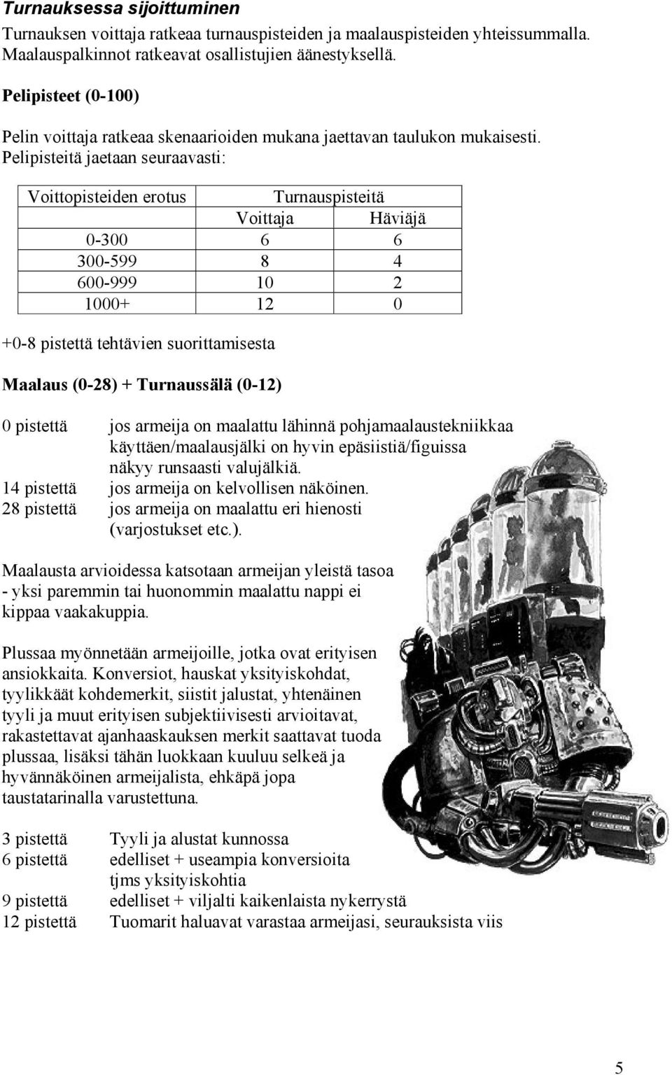 Pelipisteitä jaetaan seuraavasti: Voittopisteiden erotus Turnauspisteitä Voittaja Häviäjä 0-300 6 6 300-599 8 4 600-999 10 2 1000+ 12 0 +0-8 pistettä tehtävien suorittamisesta Maalaus (0-28) +