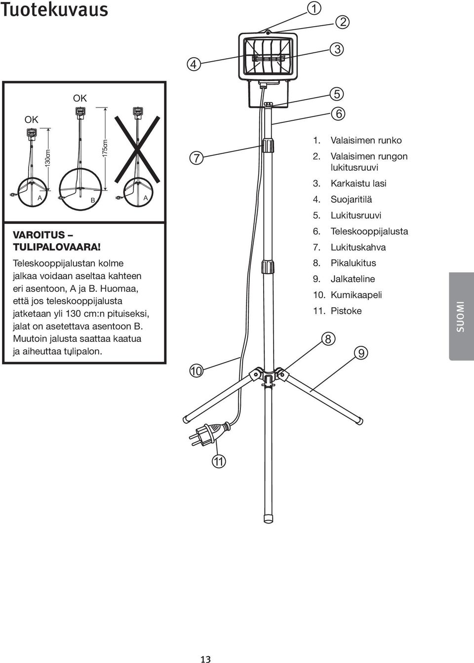 B. Huomaa, että että jos jos teleskooppijalusta jatketaan jatketaan yli 130cm:n yli 130 pituiseksi, cm:n pituiseksi, jalat on jalat asetettava on asetettava asentoon asentoon B.