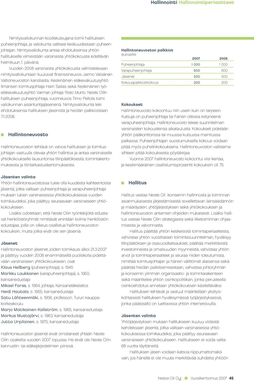 Vuoden 2008 varsinaista yhtiökokousta valmistelevaan nimitysvaliokuntaan kuuluivat fi nanssineuvos Jarmo Väisänen Valtioneuvoston kansliasta, Keskinäinen eläkevakuutusyhtiö Ilmarisen toimitusjohtaja