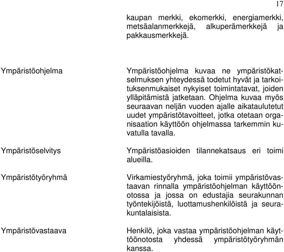 ylläpitämistä jatketaan. Ohjelma kuvaa myös seuraavan neljän vuoden ajalle aikataulutetut uudet ympäristötavoitteet, jotka otetaan organisaation käyttöön ohjelmassa tarkemmin kuvatulla tavalla.