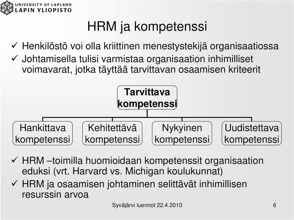 Kehitettävä kompetenssi Nykyinen kompetenssi Uudistettava kompetenssi HRM toimilla huomioidaan kompetenssit organisaation