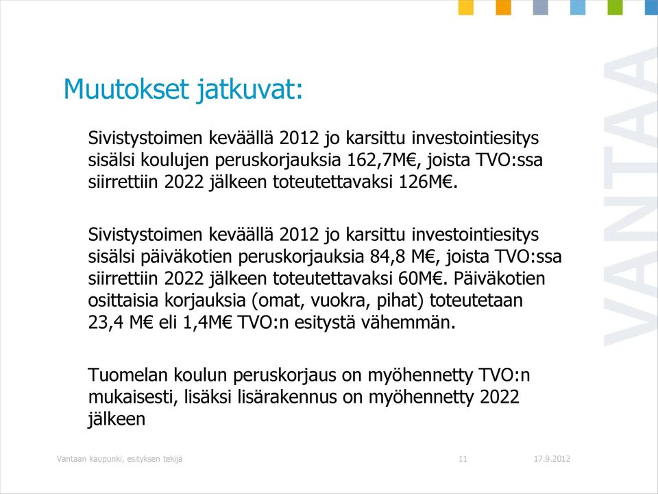 Sivistystoimen keväällä 2012 jo karsittu investointiesitys sisälsi päiväkotien peruskorjauksia 84,8 M, joista TVO:ssa siirrettiin 2022 jälkeen