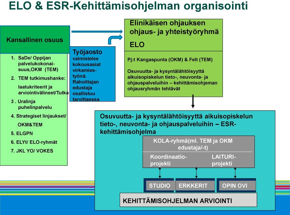 Rahoittajan edustaja osallistuu tarvittaessa Elinikäisen ohjauksen ohjaus- ja yhteistyöryhmä ELO Pj:t Kangaspunta (OKM) & Felt (TEM) Osuvuutta- ja kysyntälähtöisyyttä aikuisopiskelun tieto-,