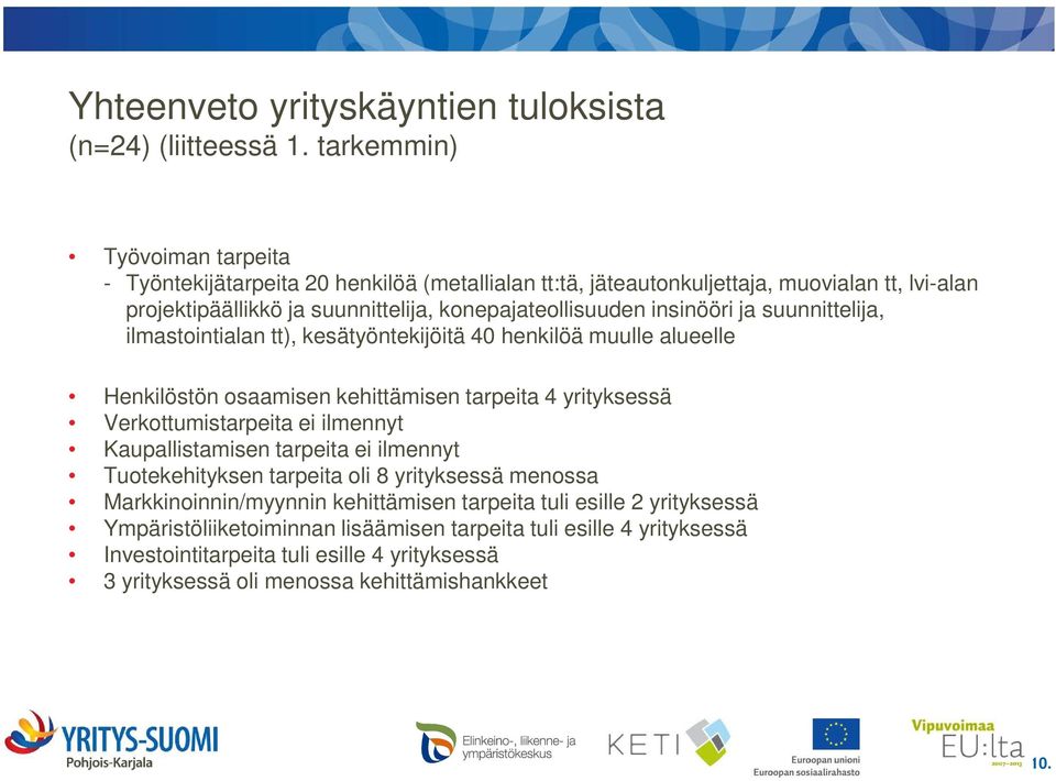 insinööri ja suunnittelija, ilmastointialan tt), kesätyöntekijöitä 40 henkilöä muulle alueelle Henkilöstön osaamisen kehittämisen tarpeita 4 yrityksessä Verkottumistarpeita ei ilmennyt