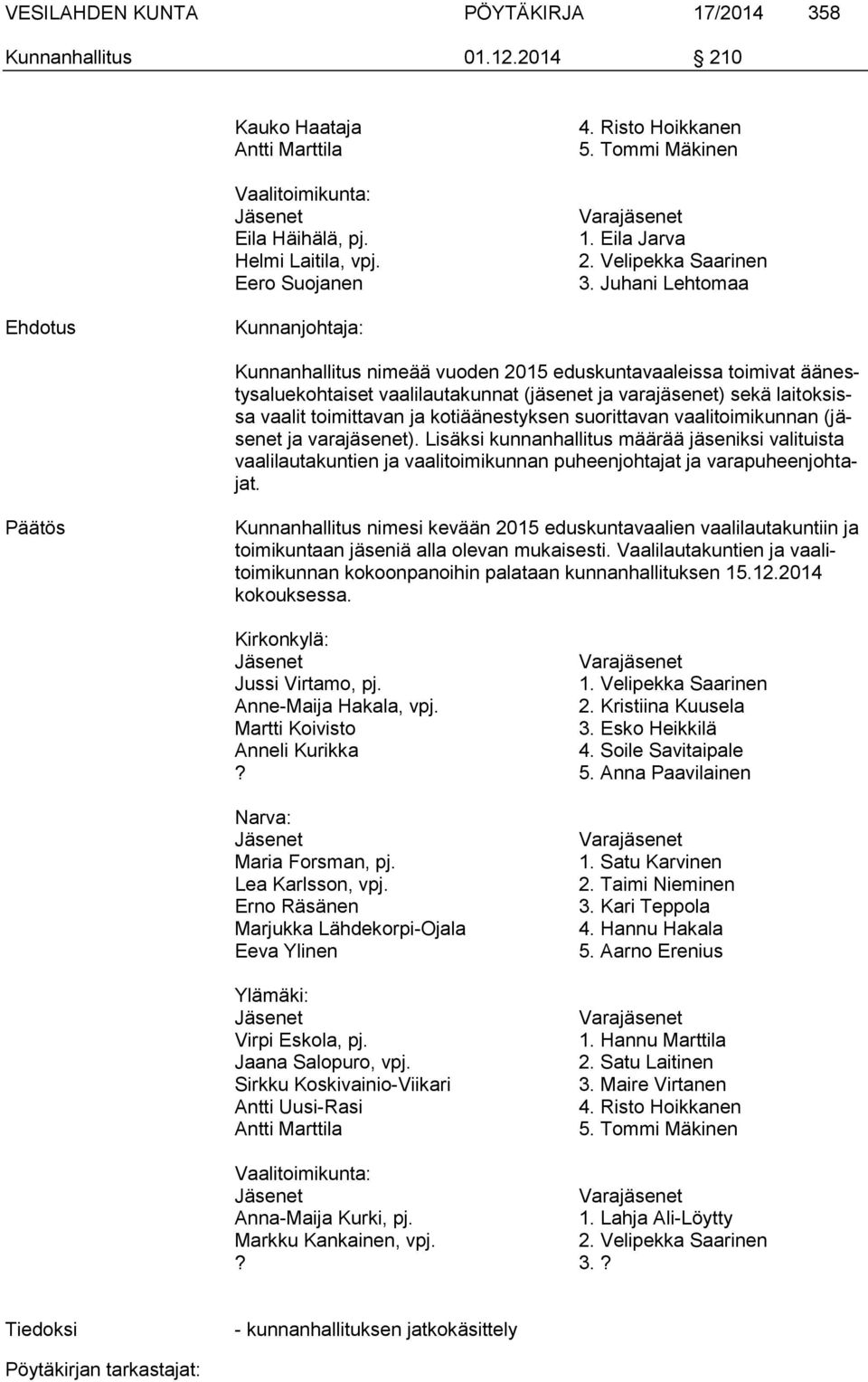 Juhani Lehtomaa Kunnanhallitus nimeää vuoden 2015 eduskuntavaaleissa toimivat äänestysaluekohtaiset vaalilautakunnat (jäsenet ja varajäsenet) sekä laitoksissa vaalit toimittavan ja kotiäänestyksen