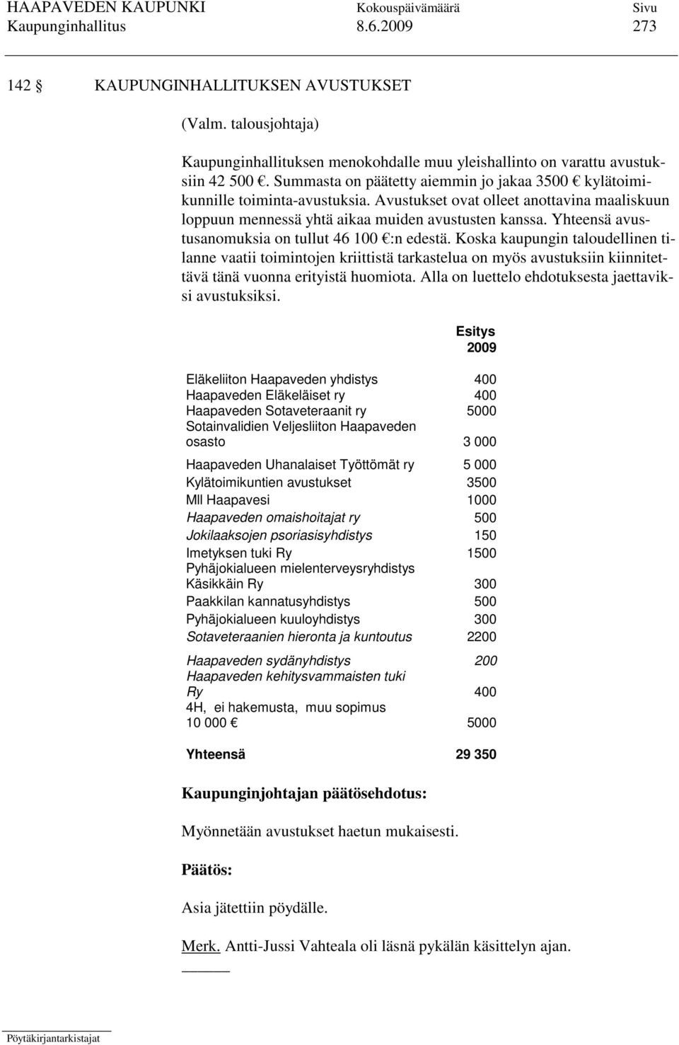 Yhteensä avustusanomuksia on tullut 46 100 :n edestä. Koska kaupungin taloudellinen tilanne vaatii toimintojen kriittistä tarkastelua on myös avustuksiin kiinnitettävä tänä vuonna erityistä huomiota.