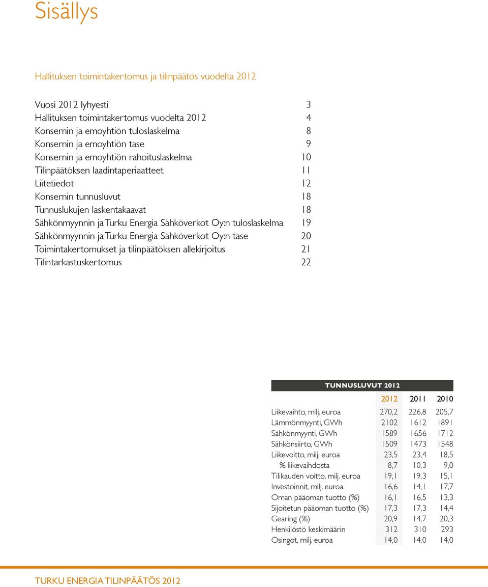 Sähköverkot Oy:n tuloslaskelma 19 Sähkönmyynnin ja Turku Energia Sähköverkot Oy:n tase 20 Toimintakertomukset ja tilinpäätöksen allekirjoitus 21 Tilintarkastuskertomus 22 TUNNUSLUVUT 2012 2012 2011