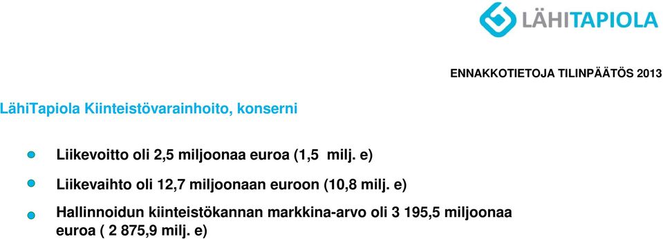 e) Liikevaihto oli 12,7 miljoonaan euroon (10,8 milj.