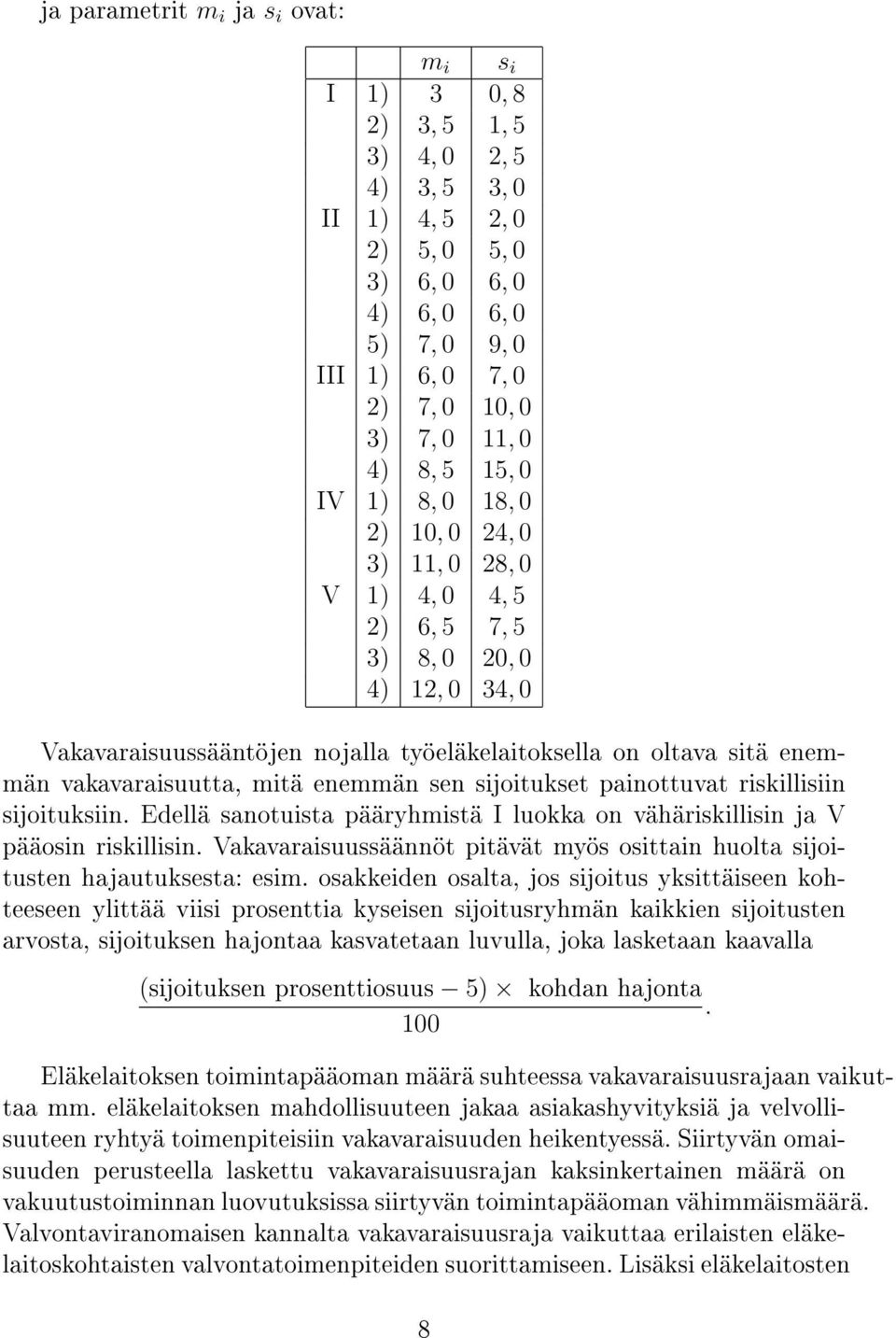 vakavaraisuutta, mitä enemmän sen sijoitukset painottuvat riskillisiin sijoituksiin. Edellä sanotuista pääryhmistä I luokka on vähäriskillisin ja V pääosin riskillisin.