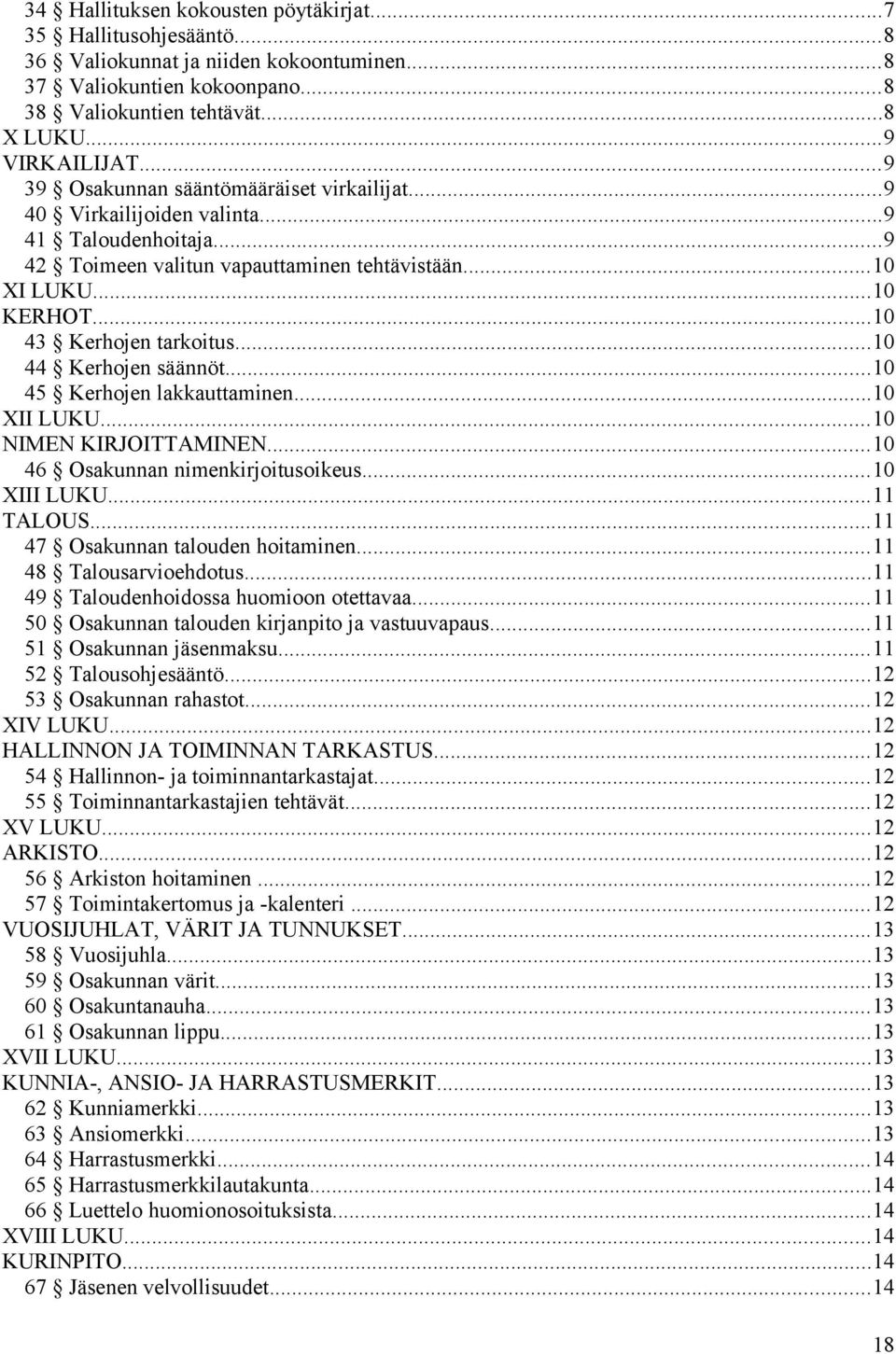 ..10 44 Kerhojen säännöt...10 45 Kerhojen lakkauttaminen...10 XII LUKU...10 NIMEN KIRJOITTAMINEN...10 46 Osakunnan nimenkirjoitusoikeus...10 XIII LUKU...11 TALOUS...11 47 Osakunnan talouden hoitaminen.