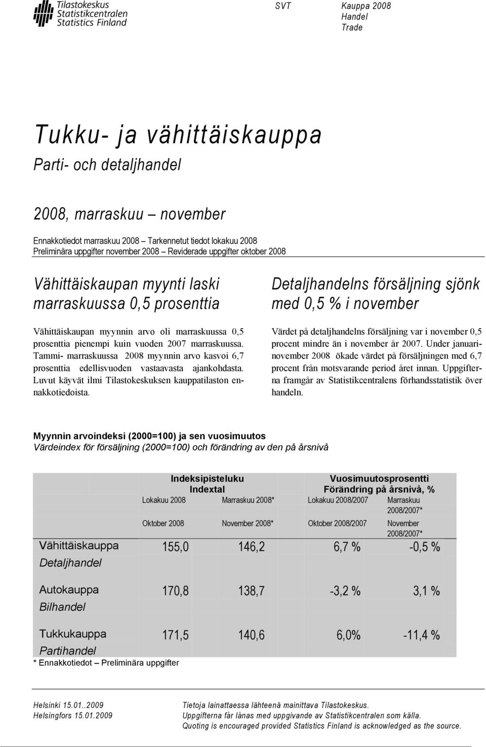 Tammi- marraskuussa 2008 myynnin arvo kasvoi 6,7 prosenttia edellisvuoden vastaavasta ajankohdasta. Luvut käyvät ilmi Tilastokeskuksen kauppatilaston ennakkotiedoista.