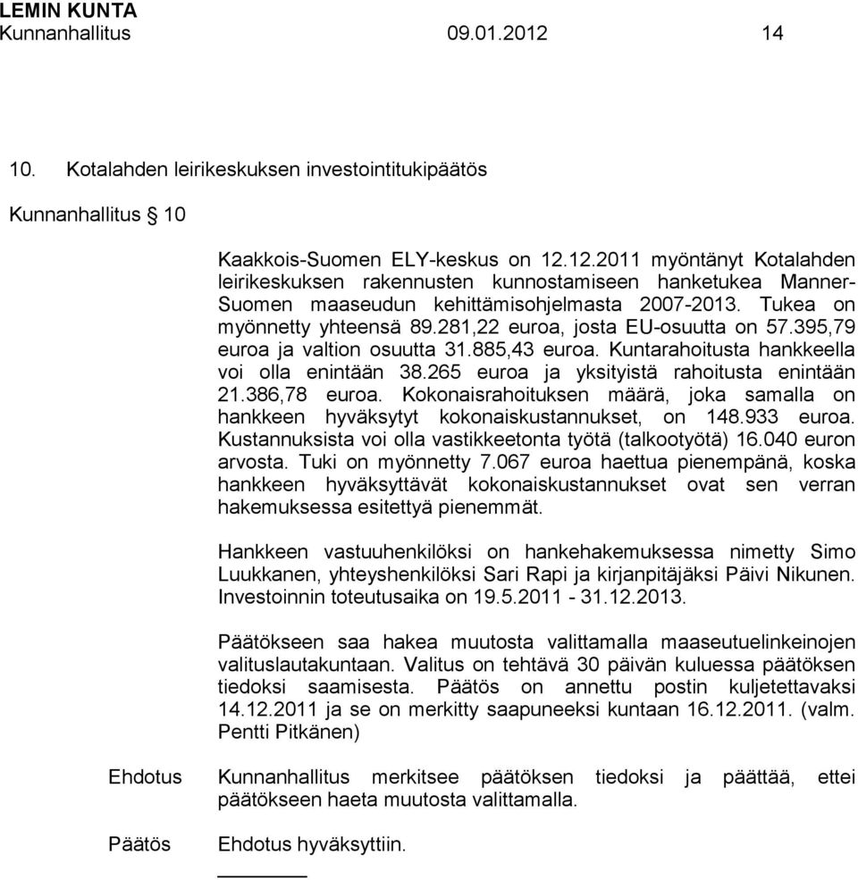 265 euroa ja yksityistä rahoitusta enintään 21.386,78 euroa. Kokonaisrahoituksen määrä, joka samalla on hankkeen hyväksytyt kokonaiskustannukset, on 148.933 euroa.