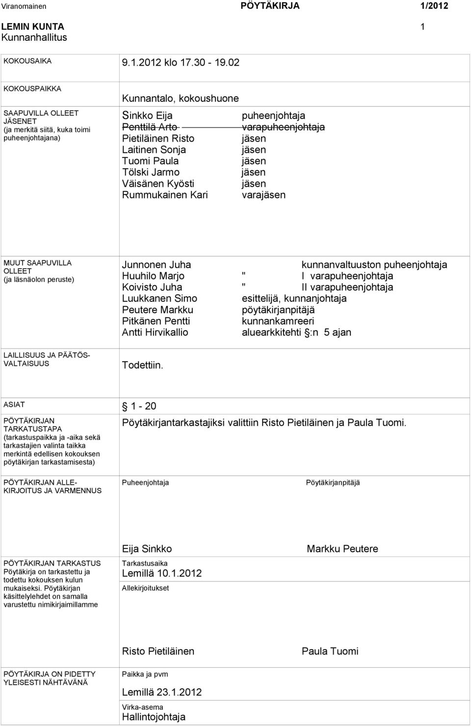 Laitinen Sonja jäsen Tuomi Paula jäsen Tölski Jarmo jäsen Väisänen Kyösti jäsen Rummukainen Kari varajäsen MUUT SAAPUVILLA OLLEET (ja läsnäolon peruste) Junnonen Juha kunnanvaltuuston puheenjohtaja