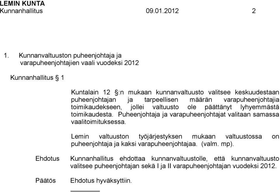 puheenjohtajan ja tarpeellisen määrän varapuheenjohtajia toimikaudekseen, jollei valtuusto ole päättänyt lyhyemmästä toimikaudesta.