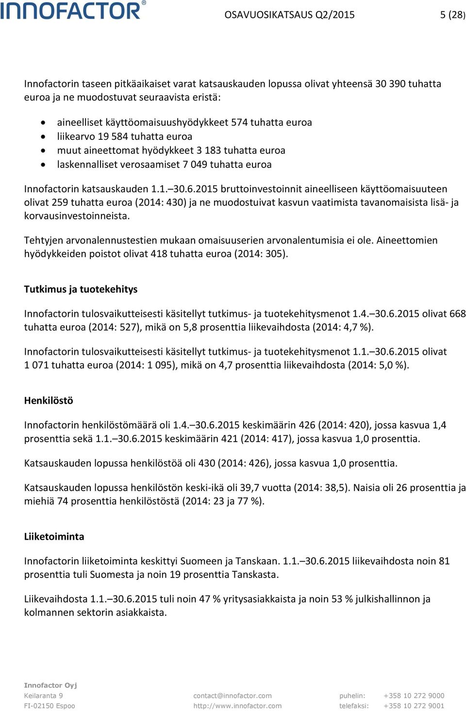 1. 30.6.2015 bruttoinvestoinnit aineelliseen käyttöomaisuuteen olivat 259 tuhatta euroa (2014: 430) ja ne muodostuivat kasvun vaatimista tavanomaisista lisä- ja korvausinvestoinneista.