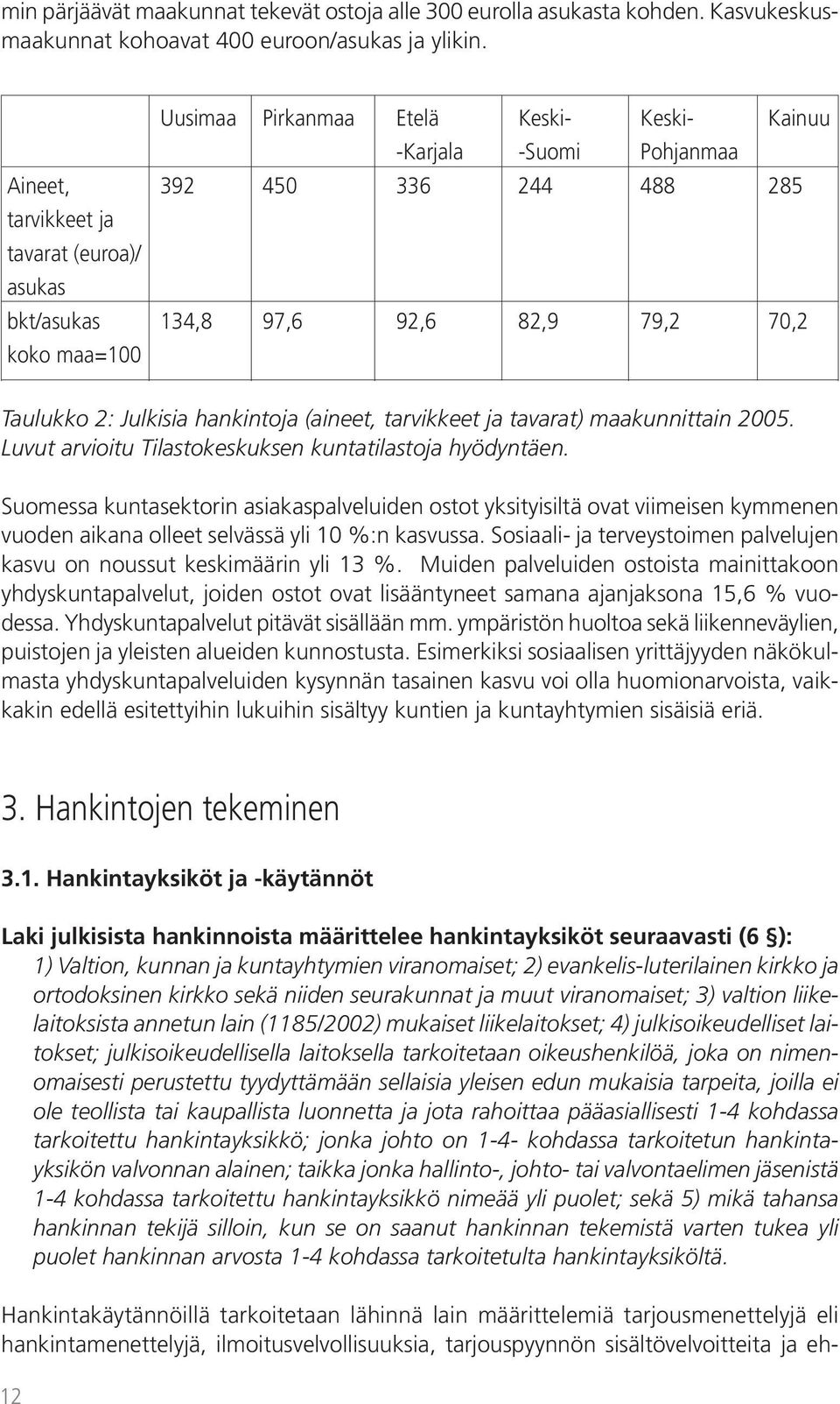 Taulukko 2: Julkisia hankintoja (aineet, tarvikkeet ja tavarat) maakunnittain 2005. Luvut arvioitu Tilastokeskuksen kuntatilastoja hyödyntäen.