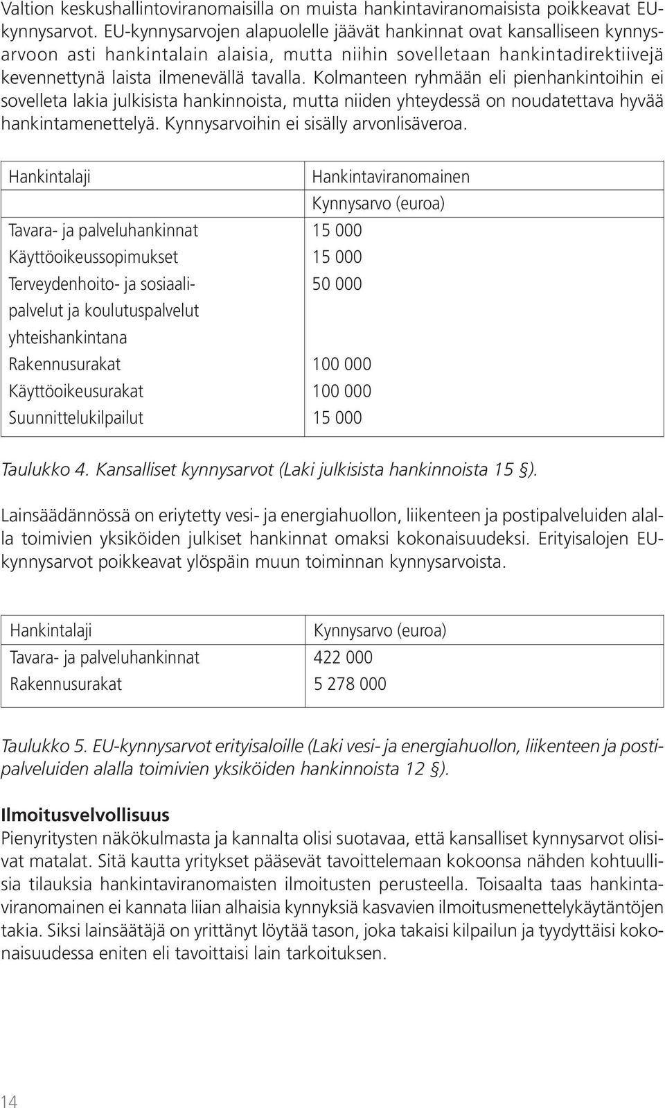 Kolmanteen ryhmään eli pienhankintoihin ei sovelleta lakia julkisista hankinnoista, mutta niiden yhteydessä on noudatettava hyvää hankintamenettelyä. Kynnysarvoihin ei sisälly arvonlisäveroa.