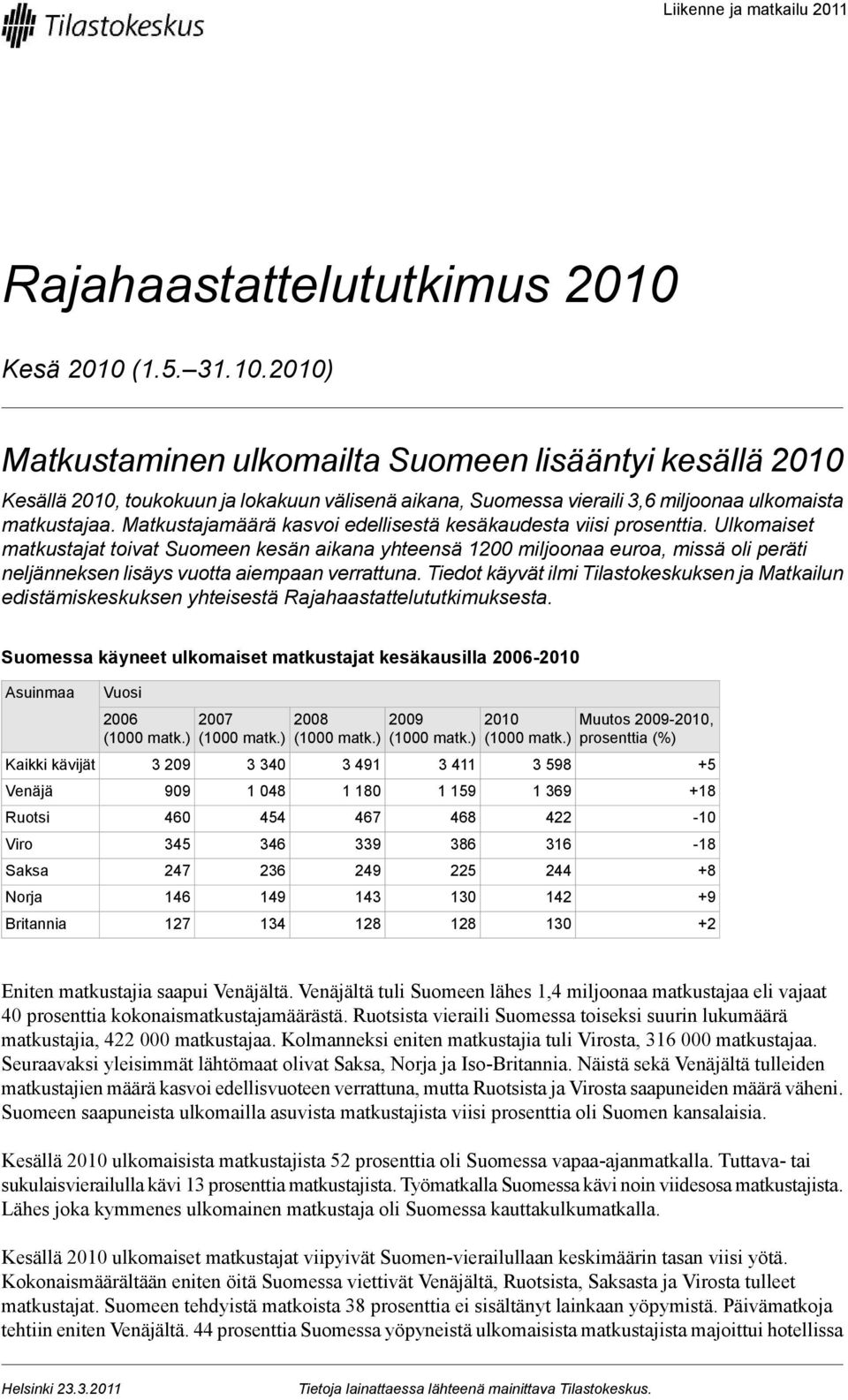 oli peräti neljänneksen lisäys vuotta aiempaan verrattuna Tiedot käyvät ilmi Tilastokeskuksen ja Matkailun edistämiskeskuksen yhteisestä Rajahaastattelututkimuksesta Suomessa käyneet ulkomaiset