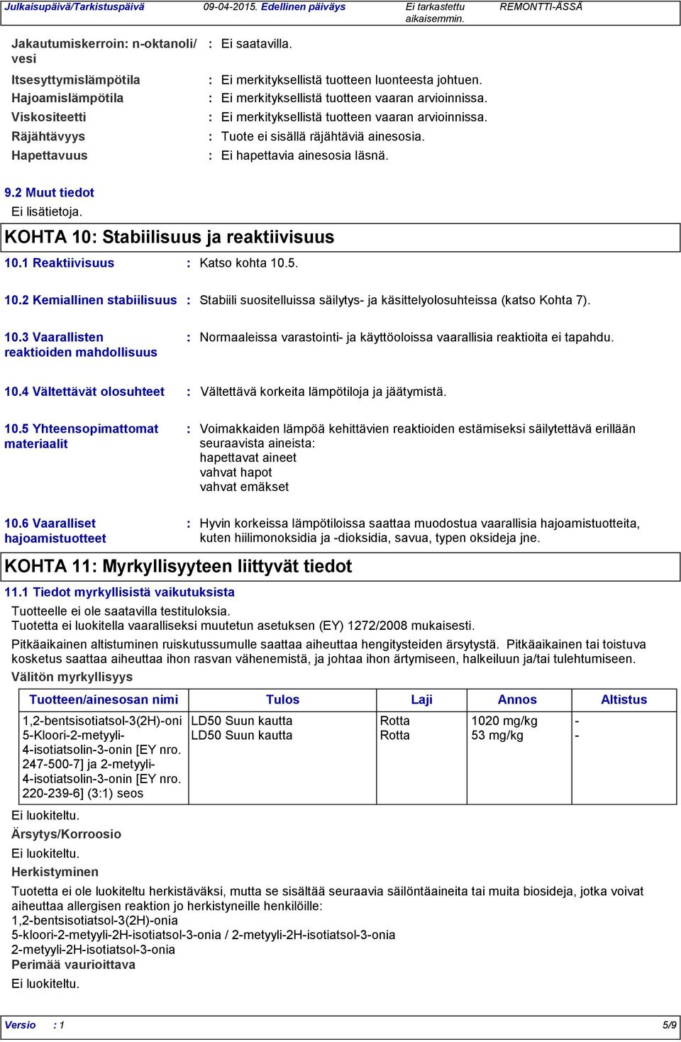 Ei hapettavia ainesosia läsnä. 9.2 Muut tiedot Ei lisätietoja. KOHTA 10 Stabiilisuus ja reaktiivisuus 10.1 Reaktiivisuus Katso kohta 10.5. 10.2 Kemiallinen stabiilisuus Stabiili suositelluissa säilytys ja käsittelyolosuhteissa (katso Kohta 7).