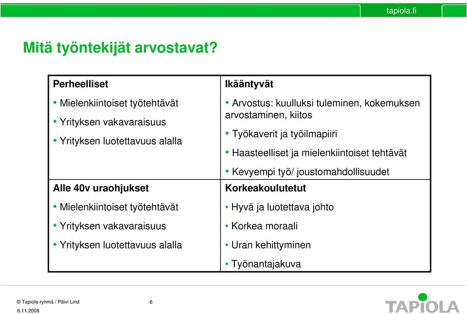 Mielenkiintoiset työtehtävät Yrityksen vakavaraisuus Yrityksen luotettavuus alalla Ikääntyvät Arvostus: kuulluksi tuleminen,