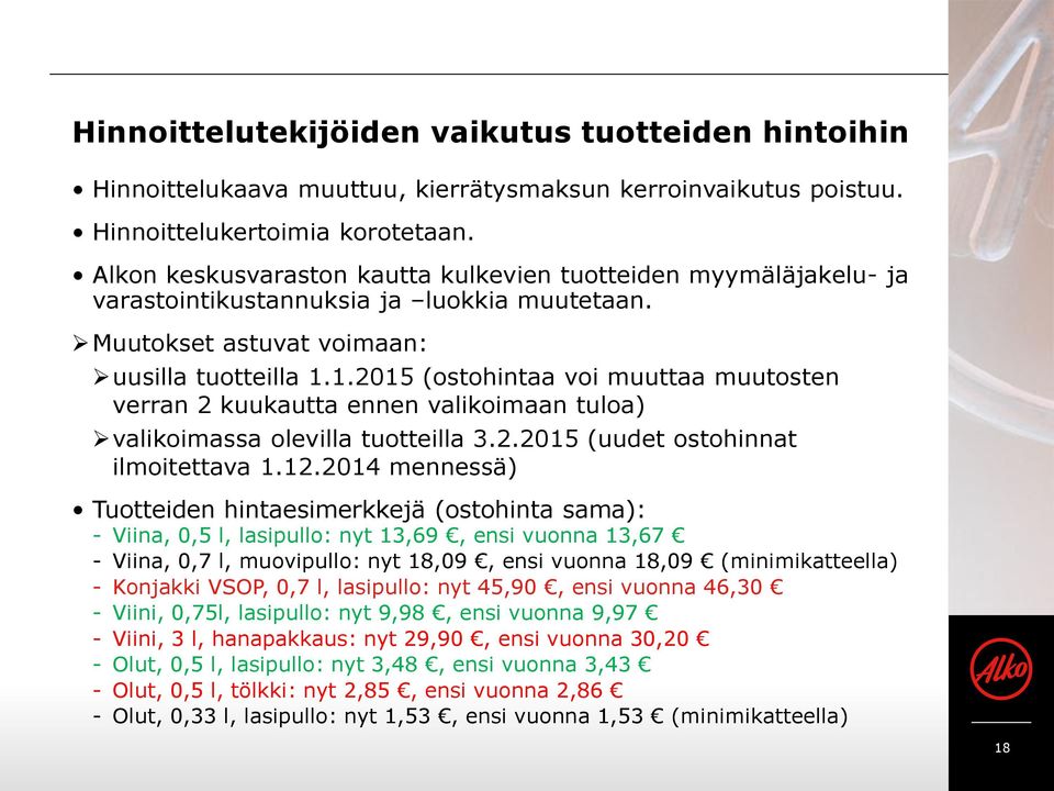 1.2015 (ostohintaa voi muuttaa muutosten verran 2 kuukautta ennen valikoimaan tuloa) valikoimassa olevilla tuotteilla 3.2.2015 (uudet ostohinnat ilmoitettava 1.12.