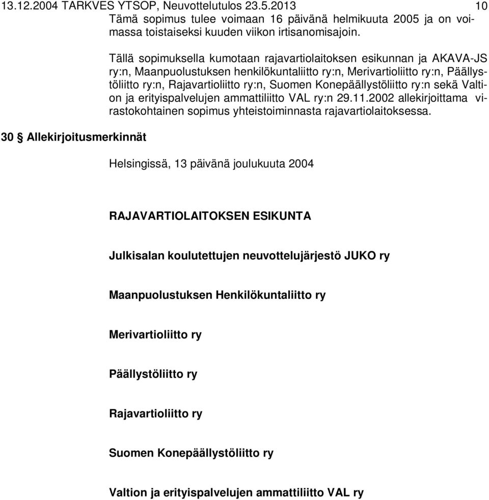 Rajavartioliitto ry:n, Suomen Konepäällystöliitto ry:n sekä Valtion ja erityispalvelujen ammattiliitto VAL ry:n 29.11.