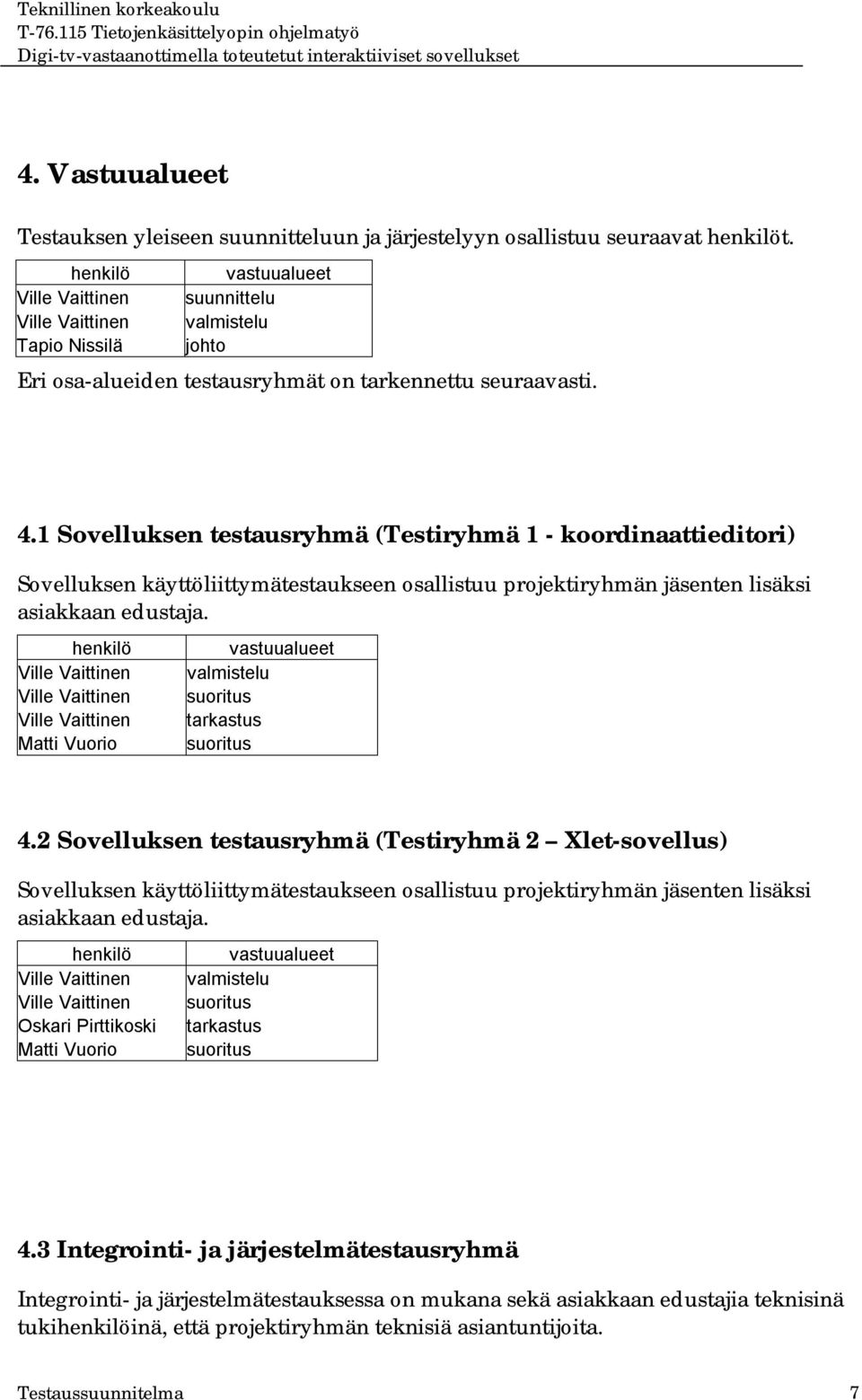 1 Sovelluksen testausryhmä (Testiryhmä 1 - koordinaattieditori) Sovelluksen käyttöliittymätestaukseen osallistuu projektiryhmän jäsenten lisäksi asiakkaan edustaja.