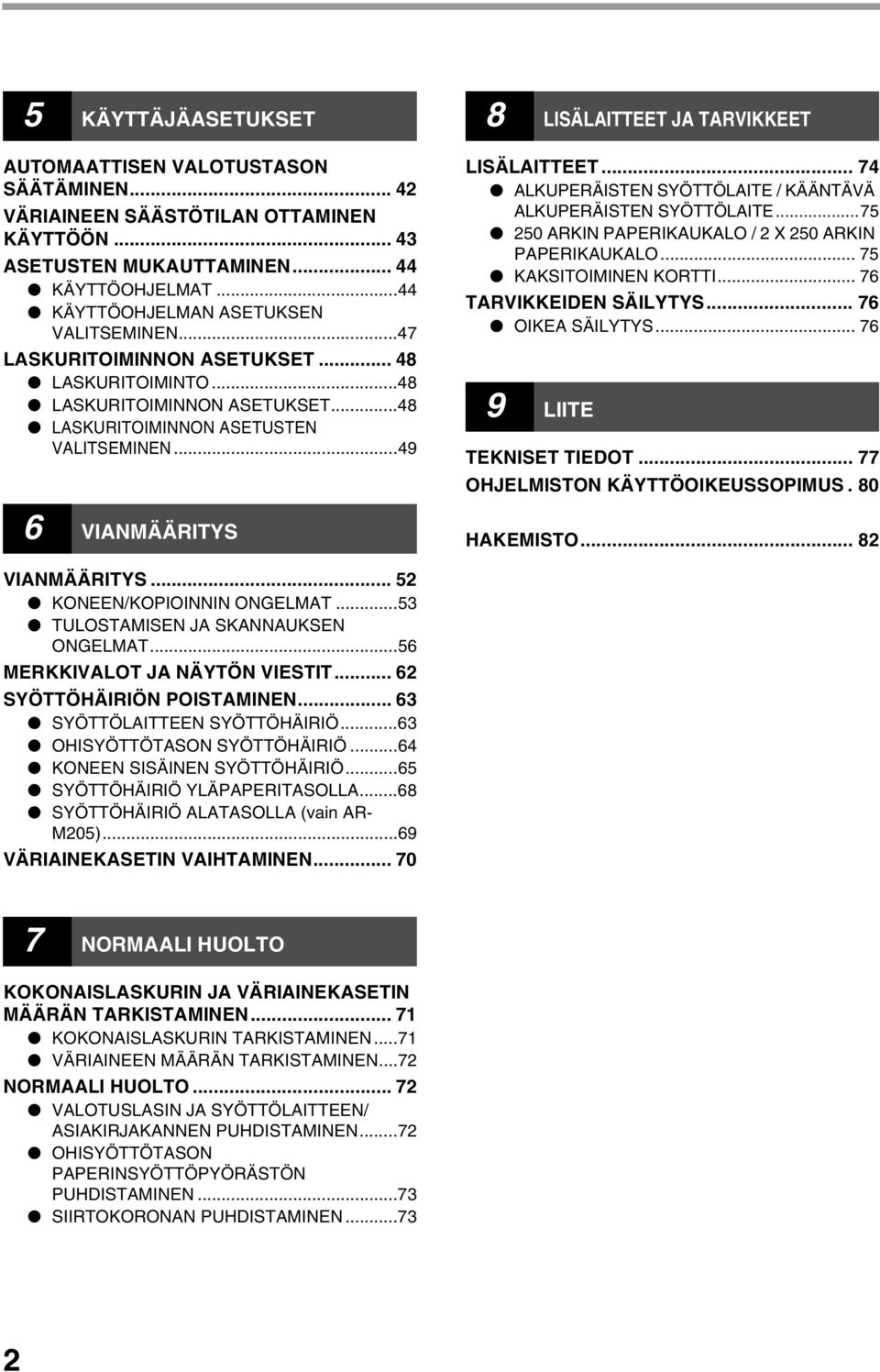 .. 74 ALKUPERÄISTEN SYÖTTÖLAITE / KÄÄNTÄVÄ ALKUPERÄISTEN SYÖTTÖLAITE...75 50 ARKIN PAPERIKAUKALO / X 50 ARKIN PAPERIKAUKALO... 75 KAKSITOIMINEN KORTTI... 76 TARVIKKEIDEN SÄILYTYS... 76 OIKEA SÄILYTYS.