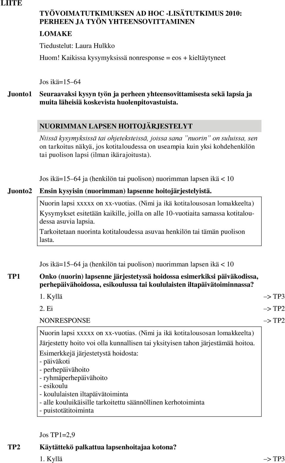 NUORIMMAN LAPSEN HOITOJÄRJESTELYT Niissä kysymyksissä tai ohjeteksteissä, joissa sana nuorin on suluissa, sen on tarkoitus näkyä, jos kotitaloudessa on useampia kuin yksi kohdehenkilön tai puolison