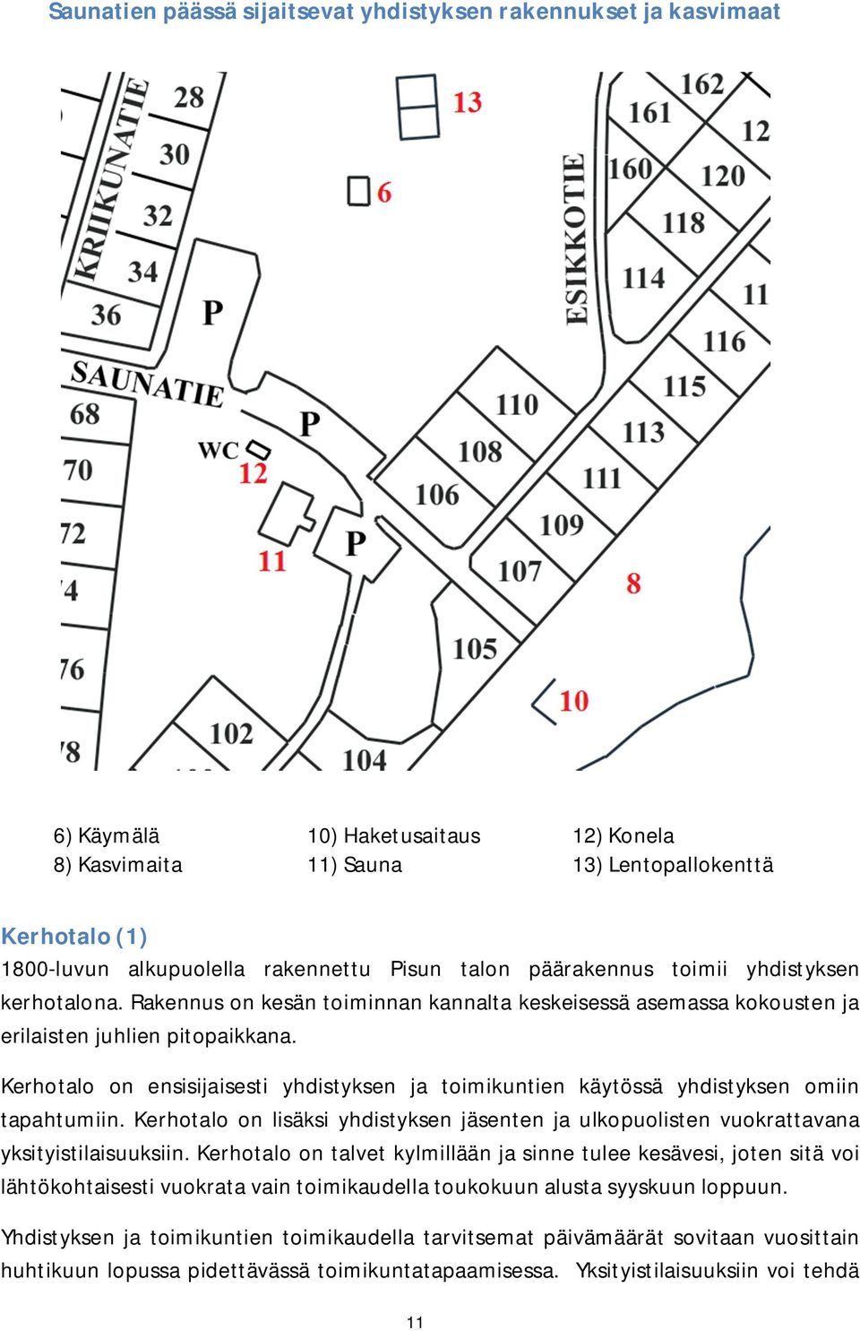 Kerhotalo on ensisijaisesti yhdistyksen ja toimikuntien käytössä yhdistyksen omiin tapahtumiin. Kerhotalo on lisäksi yhdistyksen jäsenten ja ulkopuolisten vuokrattavana yksityistilaisuuksiin.