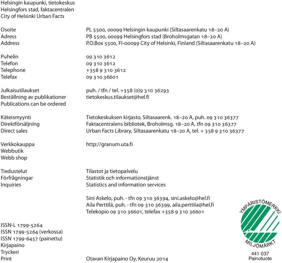 Box 5500, FI-00099 City of Helsinki, Finland (Siltasaarenkatu 18 20 A) Puhelin 09 310 3612 Telefon 09 310 3612 Telephone +358 9 310 3612 Telefax 09 310 36601 Julkaisutilaukset puh. / tfn / tel.