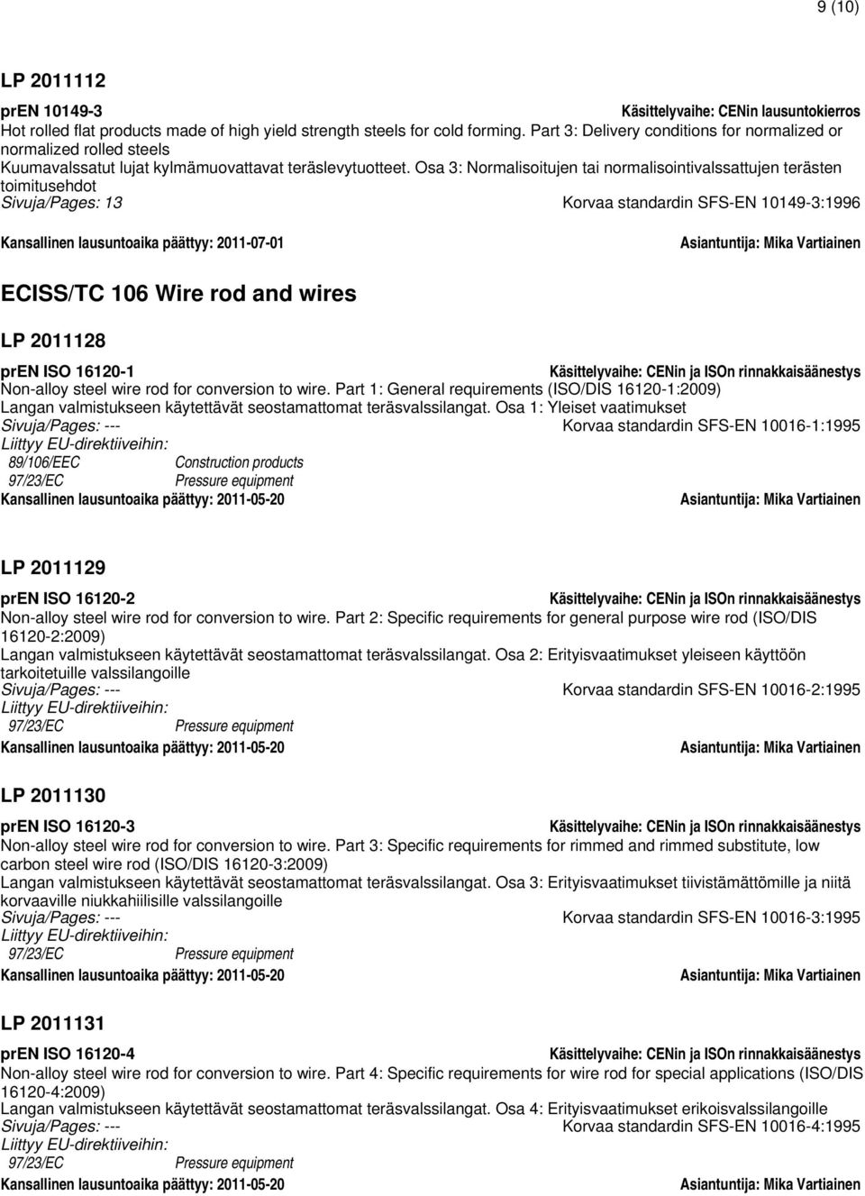 Osa 3: Normalisoitujen tai normalisointivalssattujen terästen toimitusehdot Sivuja/Pages: 13 Korvaa standardin SFS-EN 10149-3:1996 ECISS/TC 106 Wire rod and wires LP 2011128 pren ISO 16120-1