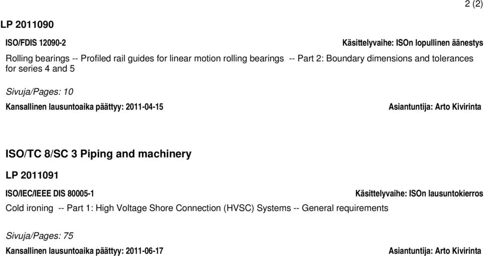 Arto Kivirinta ISO/TC 8/SC 3 Piping and machinery LP 2011091 ISO/IEC/IEEE DIS 80005-1 Käsittelyvaihe: ISOn lausuntokierros Cold ironing -- Part 1: